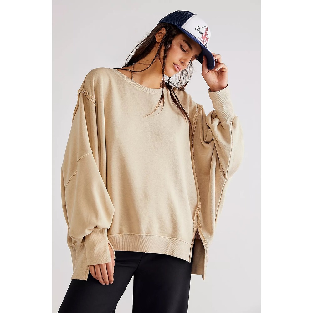 Free People We The Free Camden Sweatshirt Tan Beige Puff Sleeve Oversized Small